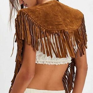 Western Camel Brown Faux Suede Fringe Collar Vest New Cowgirl Costume Halloween